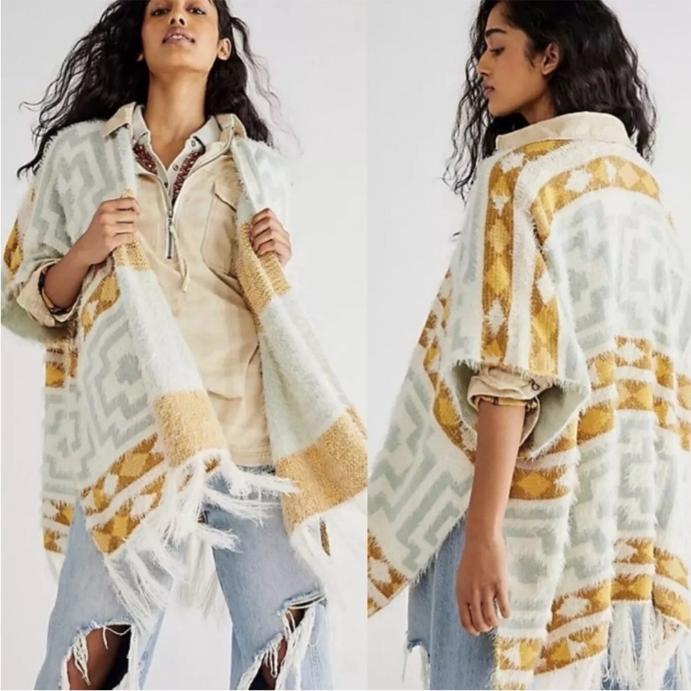 Free People Diamondback Cozy Kimono Sweater Fringed In Multi One Size OS